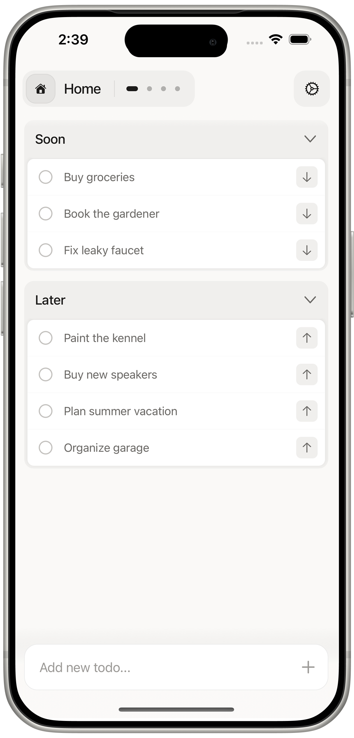 Sunder app showing Soon and Later task lists on iPhone